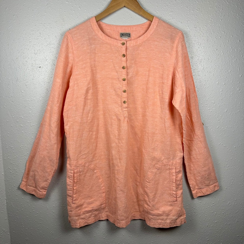 Duluth Trading Co Womens L/XL Henley Tunic Top Hemp Cotton Coral Peach Lagenlook